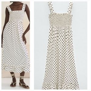 Zara Polka Dot Smocked Sundress Beige & Black Size Large but will fit XL